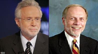 Wolf Blitzer (left) looking way to brilliant and charming to stink so putridly at Jeopardy.   Bierbauer (right) still miffed for not getting the Situation Room gig is being questioned in the Jeopardy debacle.  